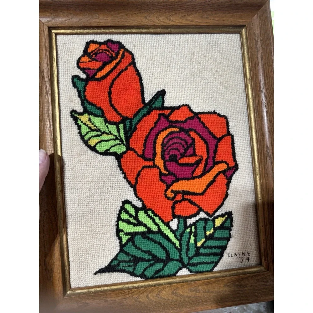 Vintage 1974 Finished Needlepoint Rose Framed Wall Art Retro 70s Punch Needle